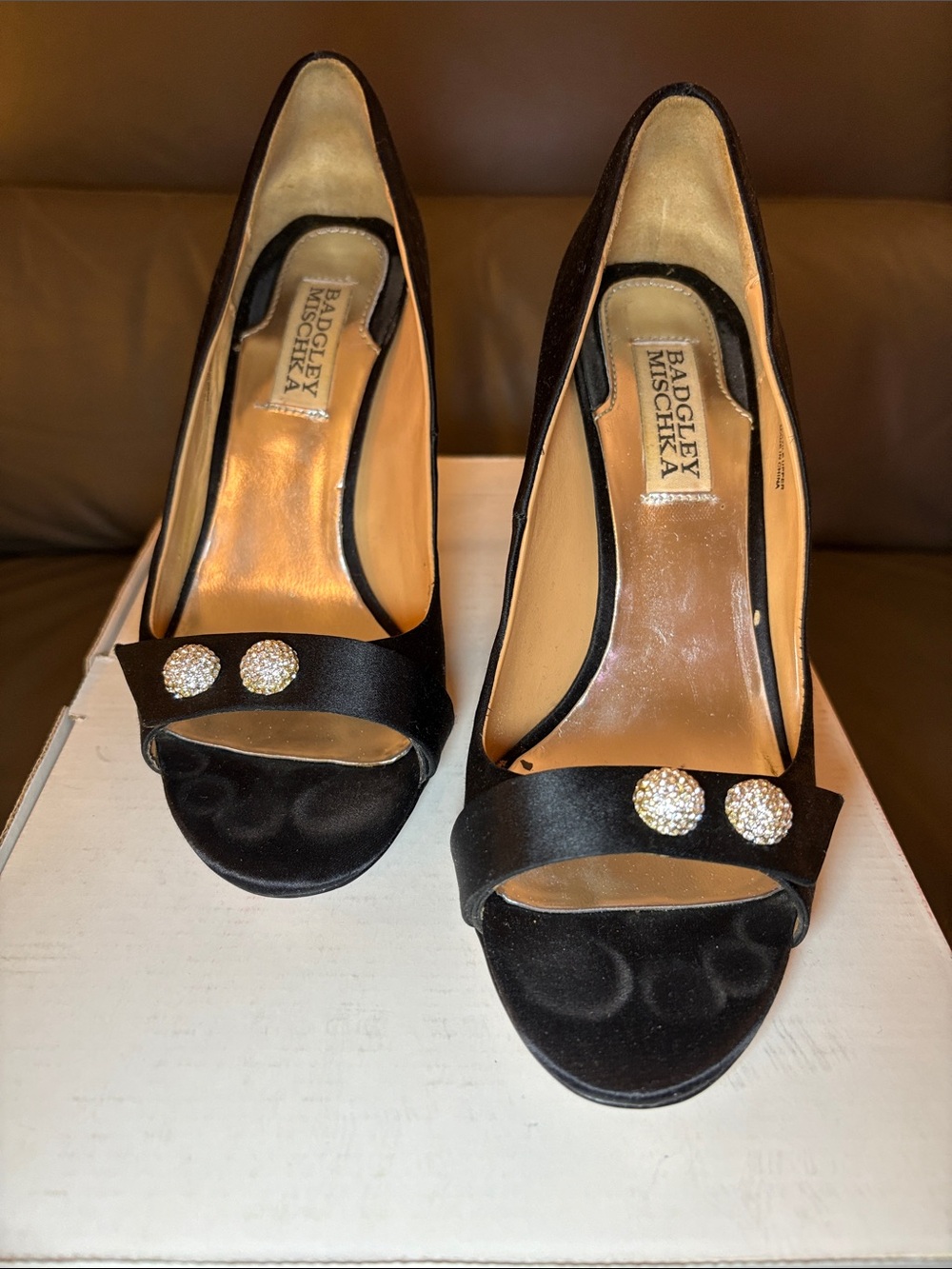 Badgley Mischka Black Satin Peep-Toe Heels with Crystal Button Accents